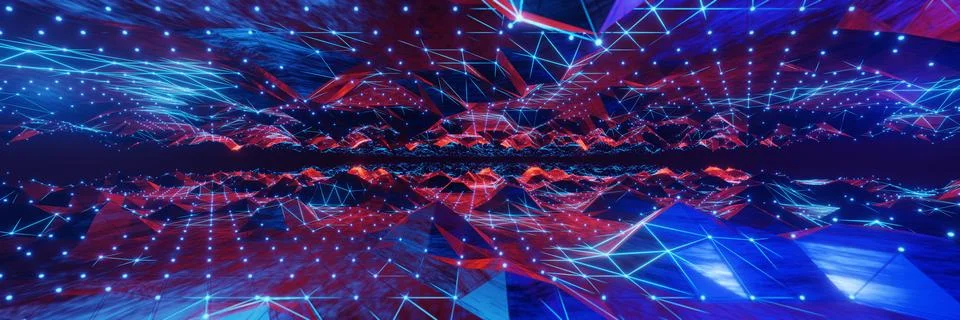 Abstract blue digital plexus network and cyber technology Ultra-Wide  panor.. Illustrazione stock