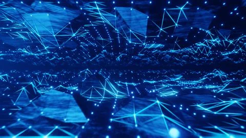 Abstract blue digital plexus network and cyber technology background 3D ren.. Illustrazione stock