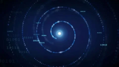 Abstract blue digital spiral of binary code and data particles rotating in dark Stock Footage 339319276