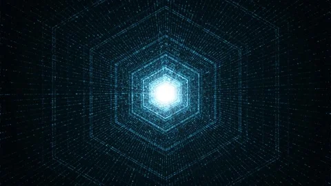 Abstract Blue Digital Tunnel with Glowing Hexagons and Particle Animation Stockbeeldmateriaal 332813234