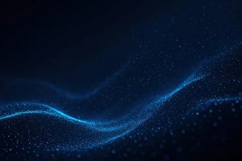 Abstract blue digital wave flows across a dark background with particle eff.. Stock Illustration