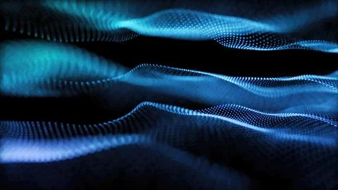 Abstract blue digital wave particles flowing on black background Stock Photos