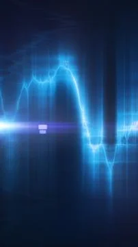 Abstract blue digital waveform with glowing light pulses, lens flare, and f.. Stock Illustration