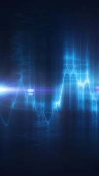 Abstract blue digital waveform with glowing light pulses, lens flare, and f.. Foto stock