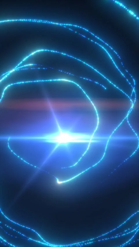 Abstract blue dotted light trails circling a bright central flare on a dark.. Stock Footage 337614282