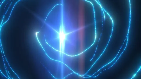 Abstract blue dotted light trails circling a bright central flare on a dark.. Stock Footage 339475889