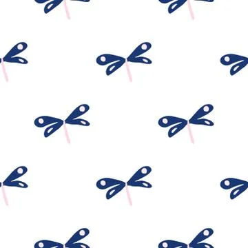 Abstract blue dragonfly seamless pattern on white background. Simple hand dra Stock Illustration