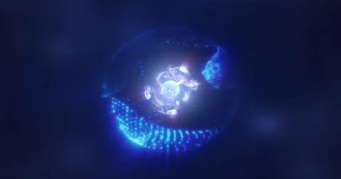 Abstract blue energy sphere with flying glowing bright particles, science fut Stock Illustration
