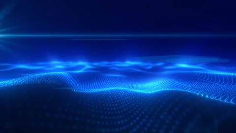 The abstract blue energy surface with magic waves of particles and points w.. Illustrazione stock