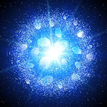 Abstract blue explosion with glittering elements. Burst of glowing star. Stock Illustration
