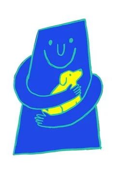Abstract Blue Figure Hugging a Yellow Dog Stock Illustration