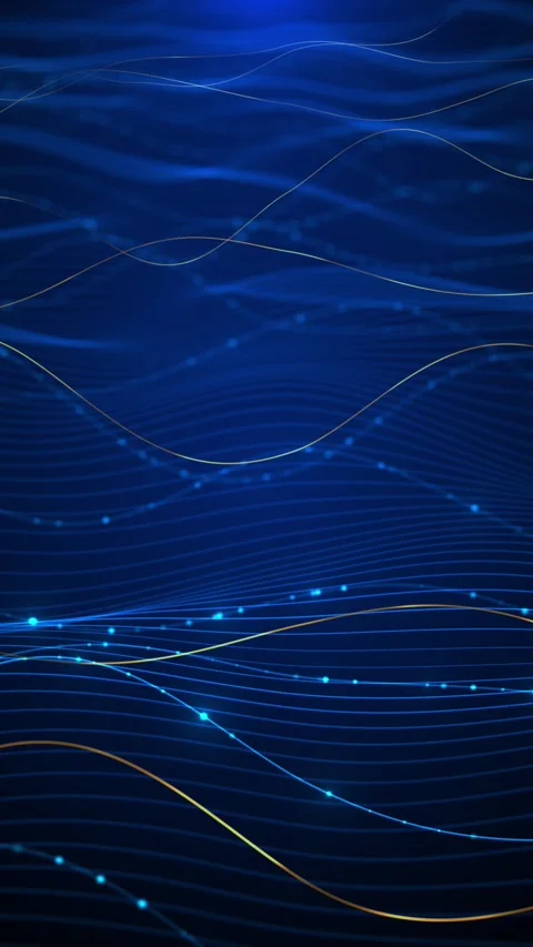Abstract blue flowing line backdrop smooth ripples, glowing dots, layered wave Stock Footage 334102642