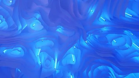 Abstract blue fluid waves background with glowing neon light tubes Stock Photos