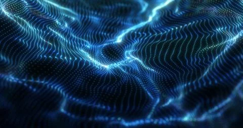 Abstract blue futuristic waves from a grid of particles lines glowing brigh.. Stock Illustration