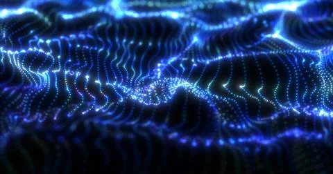 Abstract blue futuristic waves from a grid of particles lines glowing brigh.. Illustrazione stock