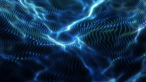 Abstract blue futuristic waves from a grid of particles lines glowing brigh.. Illustrazione stock