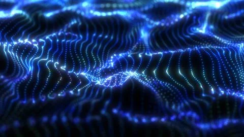 Abstract blue futuristic waves from a grid of particles lines glowing brigh.. Illustrazione stock