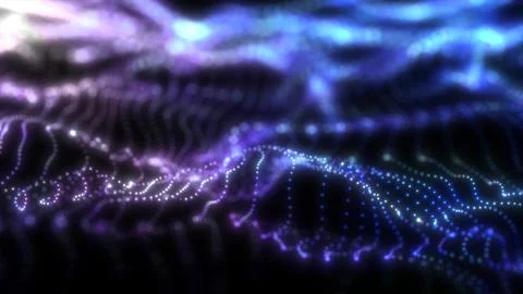 Abstract blue futuristic waves from a grid of particles lines glowing bright  Stock Illustration
