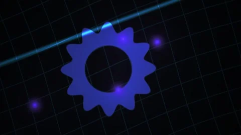 Abstract Blue Gear Symbol Rotating on Dark Digital Grid Background with Lig.. Stock Footage 334412041