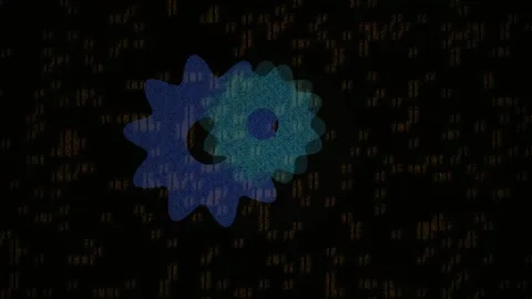 Abstract Blue Gears Interlocking on Dark Background with Digital Glitch Effec Stock Footage 333932342