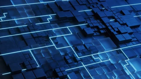 Abstract blue geometric background with glowing digital lines and cubes in .. Stock Footage 332337803