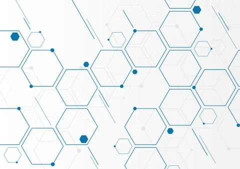 Abstract blue geometric hexagons molecular structures on white background Stock Illustration