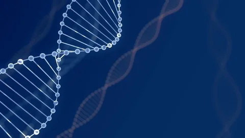 Abstract blue glittering DNA double helix with depth of field. Animation of DNA Stock Footage 110797764