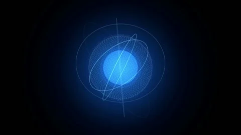 Abstract blue glowing atom model with orbiting electrons on a dark black Stock Footage 346205067