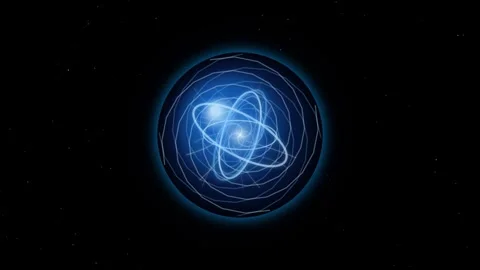 Abstract blue glowing atom model rotating in deep space, scientific particl.. 스톡 동영상 347465570