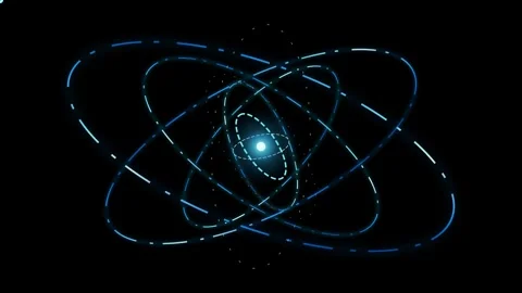 Abstract blue glowing atom structure rotating in space with scientific particles Stock Footage 346504161