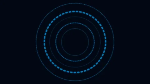 Abstract blue glowing concentric circular patterns on a black background Video stock 335117803