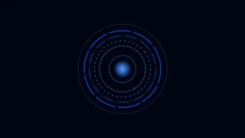 Abstract blue glowing concentric circular rings on a dark black background Stockbeeldmateriaal 338310508