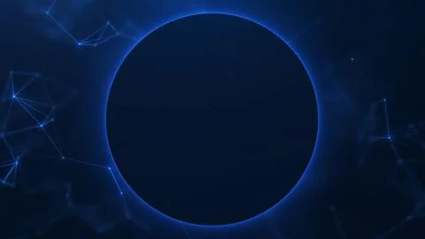 Abstract blue glowing eclipse circle with faint network lines on a dark tec.. Illustrazione stock