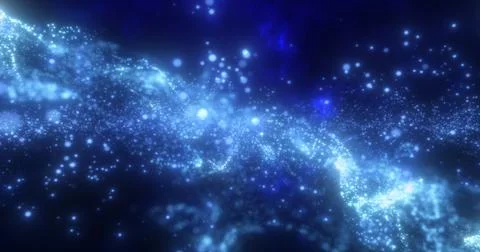 Abstract blue glowing flying waves of energy particles futuristic high tech.. Illustrazione stock
