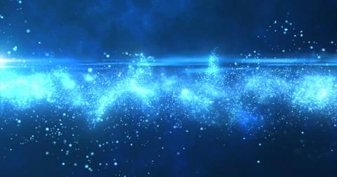Abstract blue glowing flying waves of energy particles futuristic high tech.. Stock Illustration