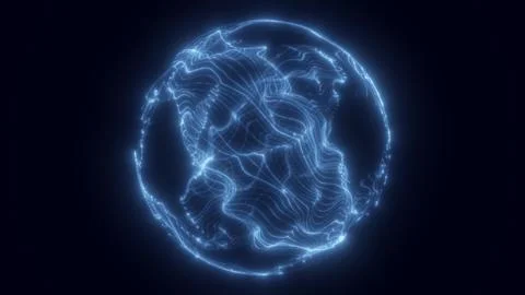 Abstract blue glowing globe formed by fine wave-like digital lines on dark ba Stock Illustration