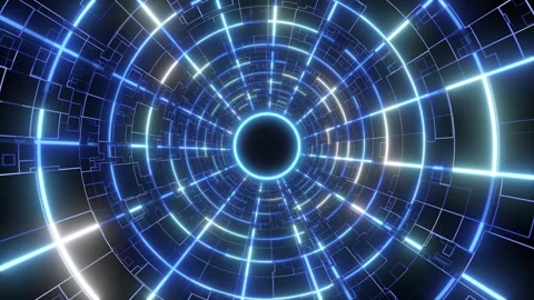 Abstract Blue Glowing Grid Tunnel Technology Video Motion Background Stock Footage 336302698