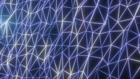 Abstract blue glowing mesh network with triangular grid pattern and light r.. Illustrazione stock