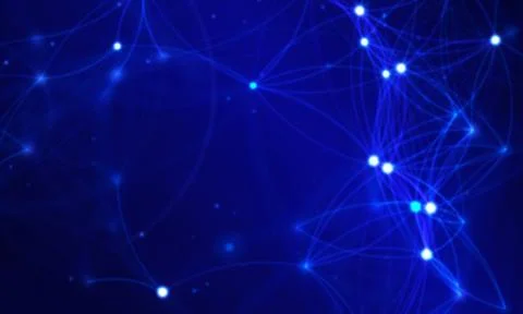 Abstract blue glowing network of connected light dots on dark space Illustrazione stock