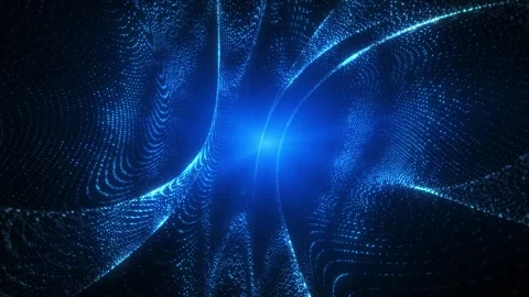 Abstract blue glowing particle waves forming flowing digital curves in dark s 库存影片 330593157