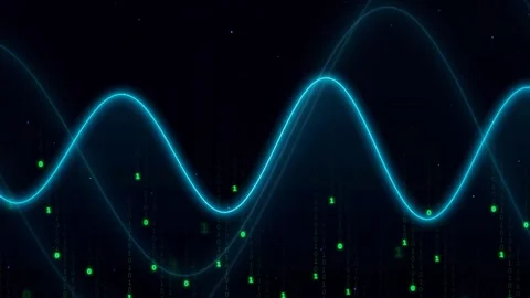 Abstract Blue Glowing Sine Wave with Digital Binary Code Data Stream on Black Stock Footage 336773472