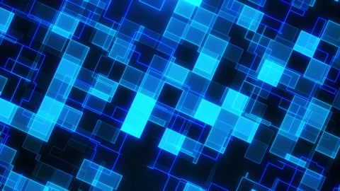 Abstract blue glowing squares animate in a layered digital grid, creating a f Stock Footage 328238401