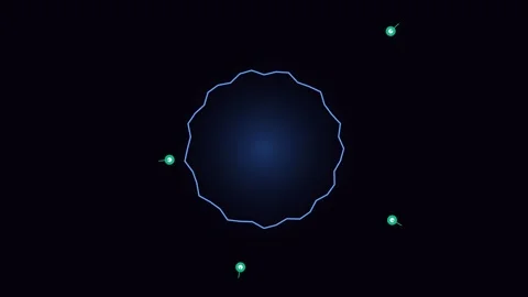 Abstract blue glowing wave circle surrounded by small green orbital nodes Stockbeeldmateriaal 338310938