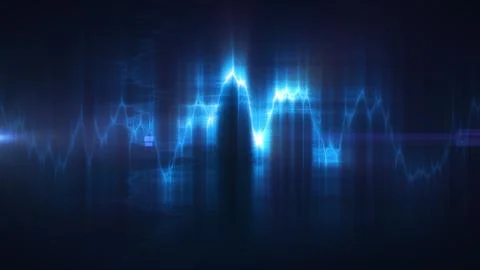 Abstract blue glowing waveform with layered light patterns, representing di.. Stock Illustration