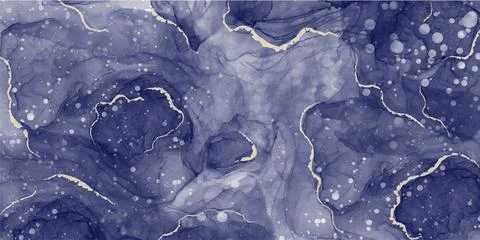 Abstract blue gold marble fluid painted background. Alcohol ink or watercolor Stock Illustration