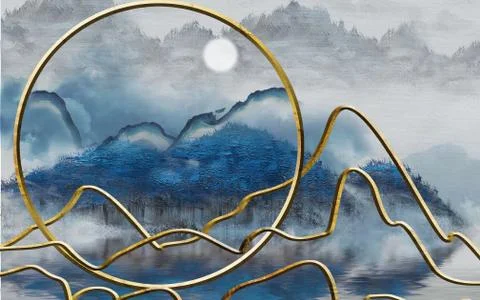 Abstract blue-gray landscape background, full moon, golden waved stripes Stock Illustration