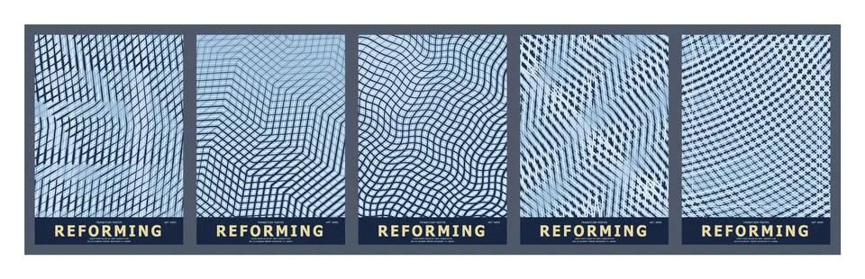Abstract blue hatching patterns and geometric line art on five rectangular .. Stock Illustration