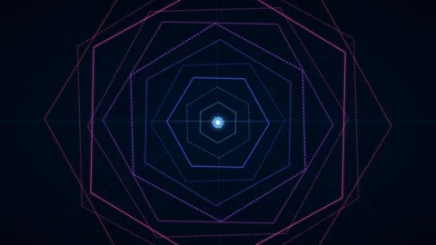 Abstract blue hexagonal tunnel design with a glowing central light source Video stock 335117611