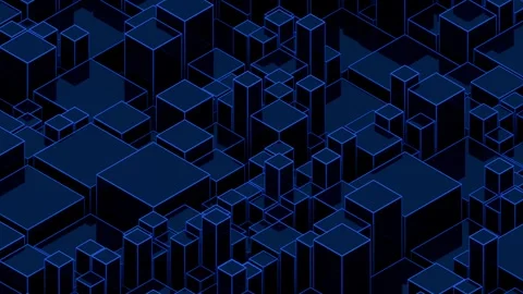 Abstract blue isometric cube grid background with neon glow outlines Stock Footage 340524263