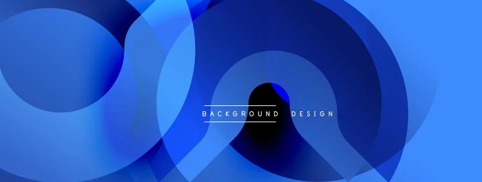 Abstract blue layers create dynamic composition. Overlapping circles form Ilustración de archivo